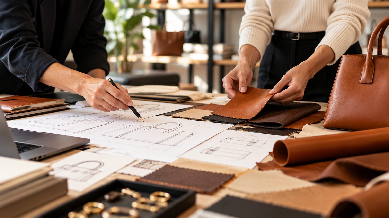 Professionisti al lavoro su progetti di pelletteria (immagine generata con AI)