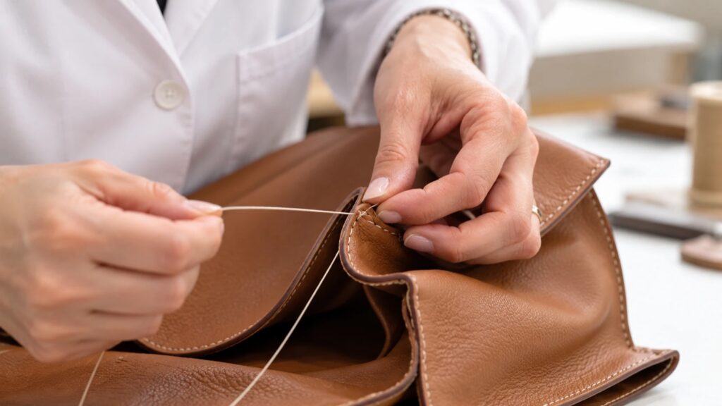 Cucitura a mano di una borsa in pelle
