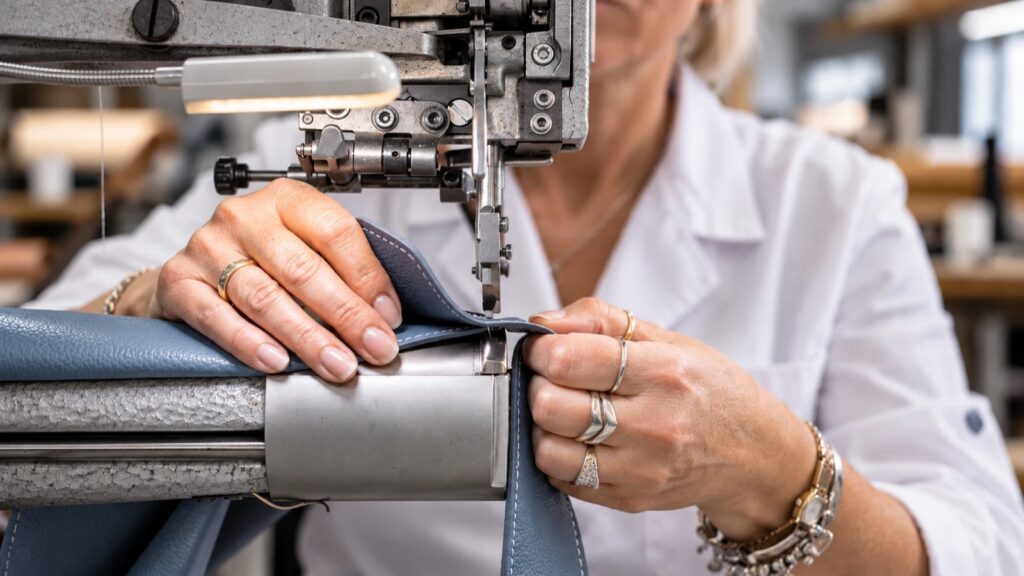 Cucitura di una borsa in pelle a macchina